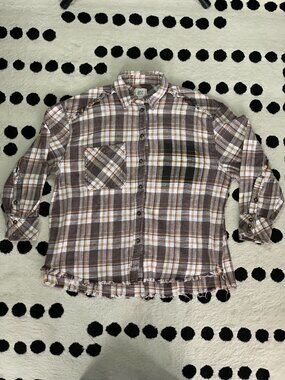 BDG Distressed Plaid Flannel Shirt Jacket S Brown Purple Raw Hem Grunge Shacket